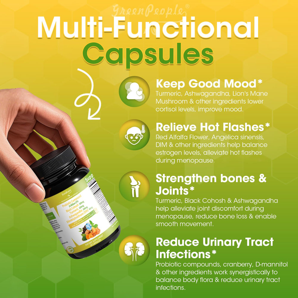 GreenPeople packaging back shows ingredients and usage for menopausal support.