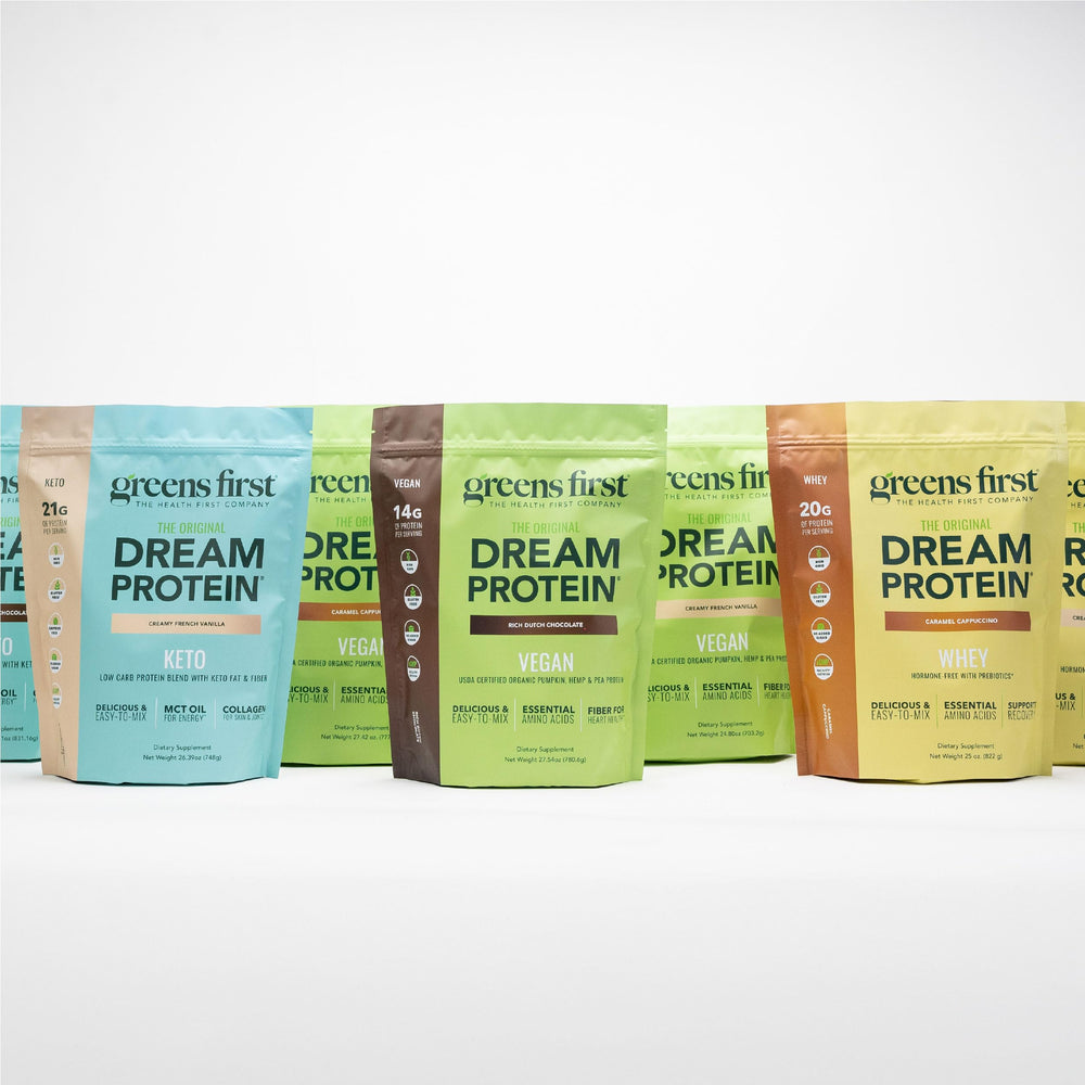 Blend of whey, collagen, and egg white in Greens First Dream Protein Powder Keto.