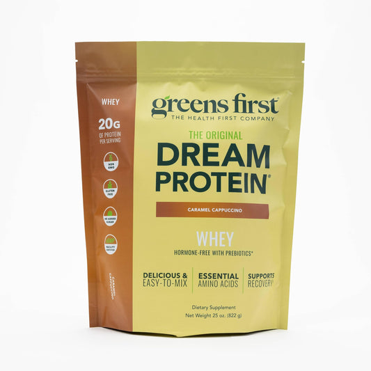 Greens First Dream Protein Whey caramel cappuccino canister highlights 20g protein per serving