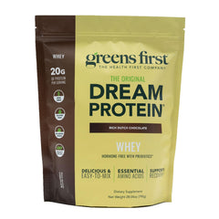 Greens First Dream Protein Whey bottle in Rich Dutch Chocolate for daily protein intake
