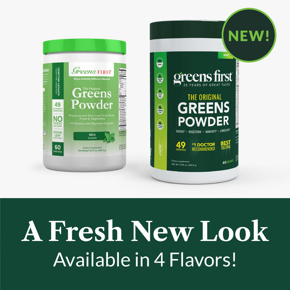 Greens First mint flavor smoothie glass invites refreshing, antioxidant-rich beverages.