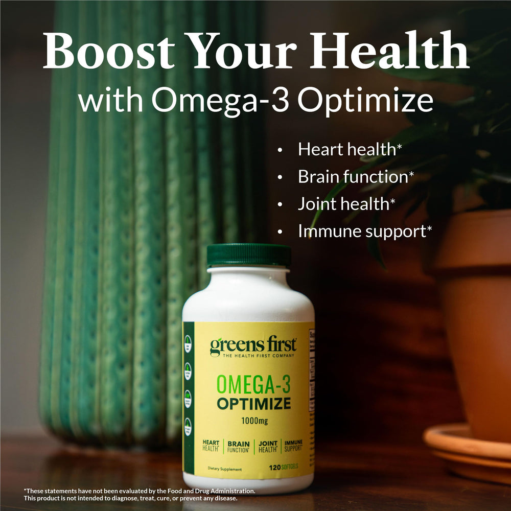 Greens First Omega-3 Optimize bottle with label emphasizing ultra-pure purification.