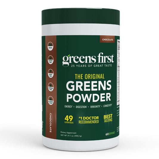 Greens First Original Greens Powder chocolate bottle shows convenient daily nutrition