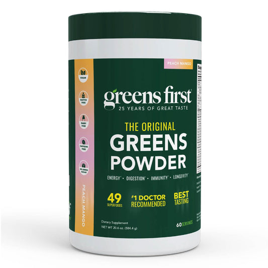 Greens First original greens powder jar front highlights 49 superfoods for daily antioxidant support