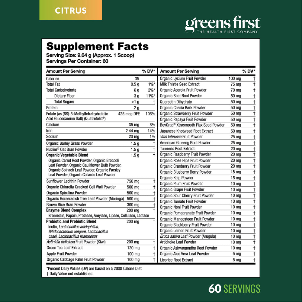 Greens First powder on kitchen counter ready for quick shakes.