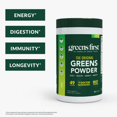 Greens First powder scoop indicates quick, portion-controlled daily use.