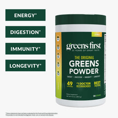 Greens First scoop and measurement indicating easy daily serving.