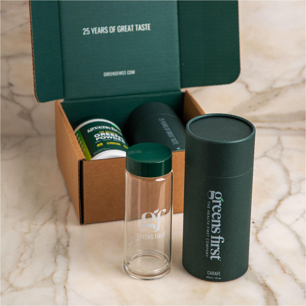 Greens First 450ml travel carafe, portable hydration for workouts and commutes.