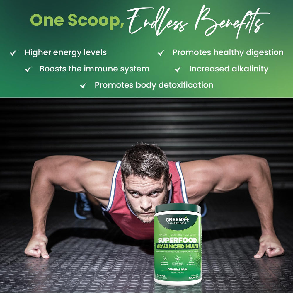 Greens+ spirulina-chlorella bowl highlights antioxidant-rich greens for smoothies.