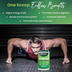 Greens+ spirulina-chlorella bowl highlights antioxidant-rich greens for smoothies.
