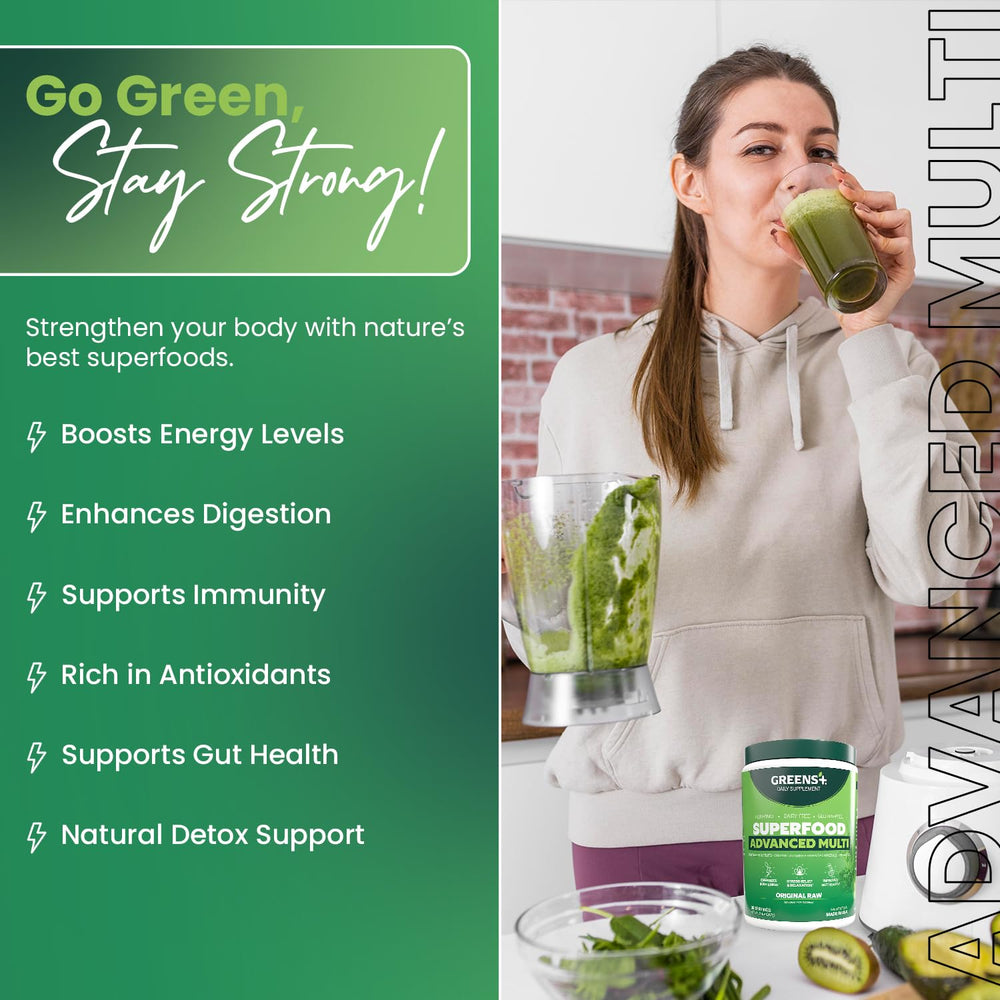 Greens+ wheatgrass close-up emphasizes natural nutrition for daily wellness.