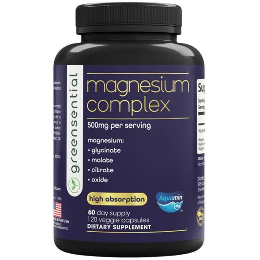 Greensential 5-in-1 magnesium complex bottle front view promotes daily balance.