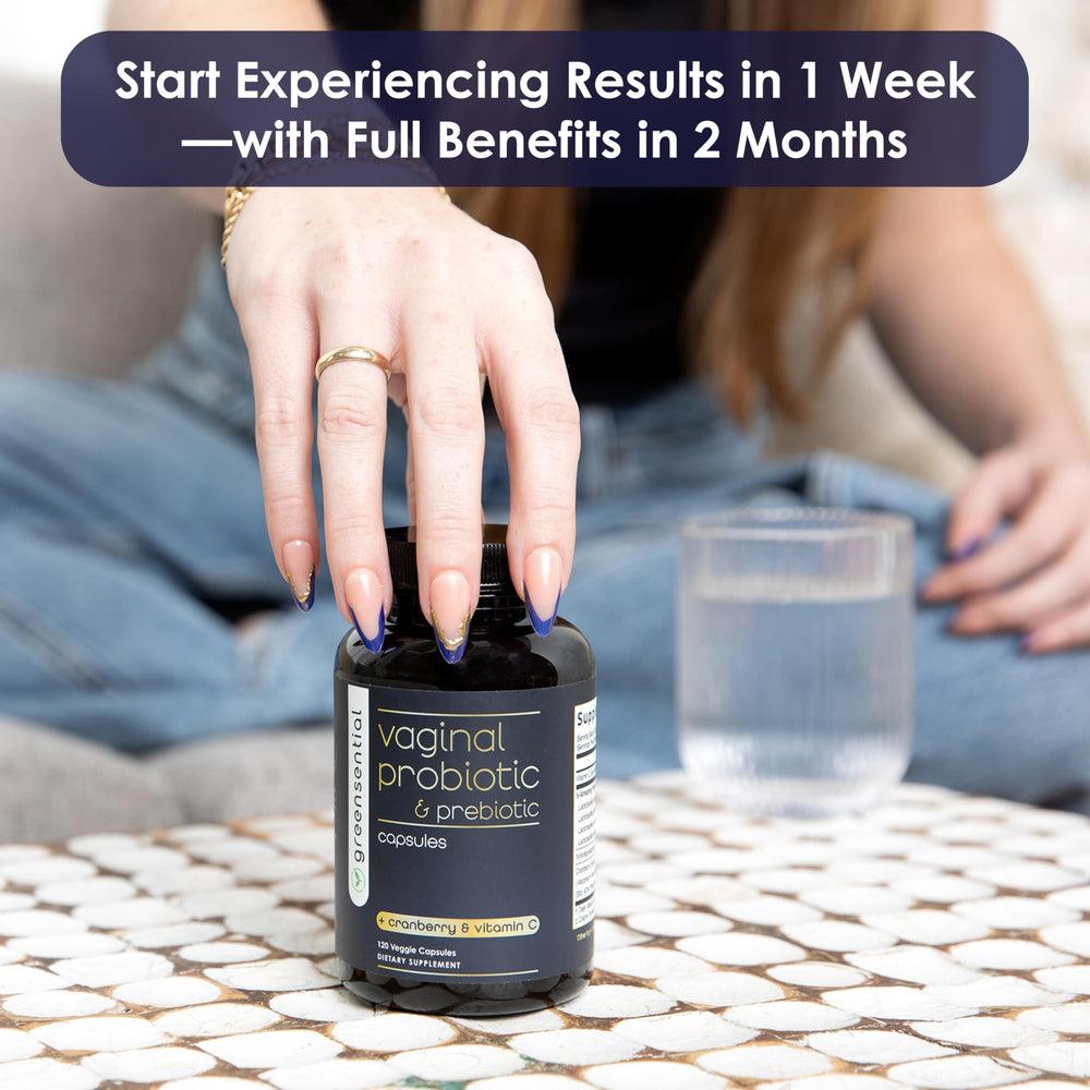 Greensential vaginal probiotics packaging box communicates 2-month supply value