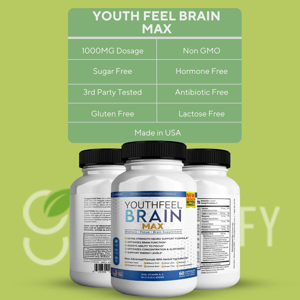 GREENVIFY Brain Max essential vitamins panel highlighting energy-supporting nutrients