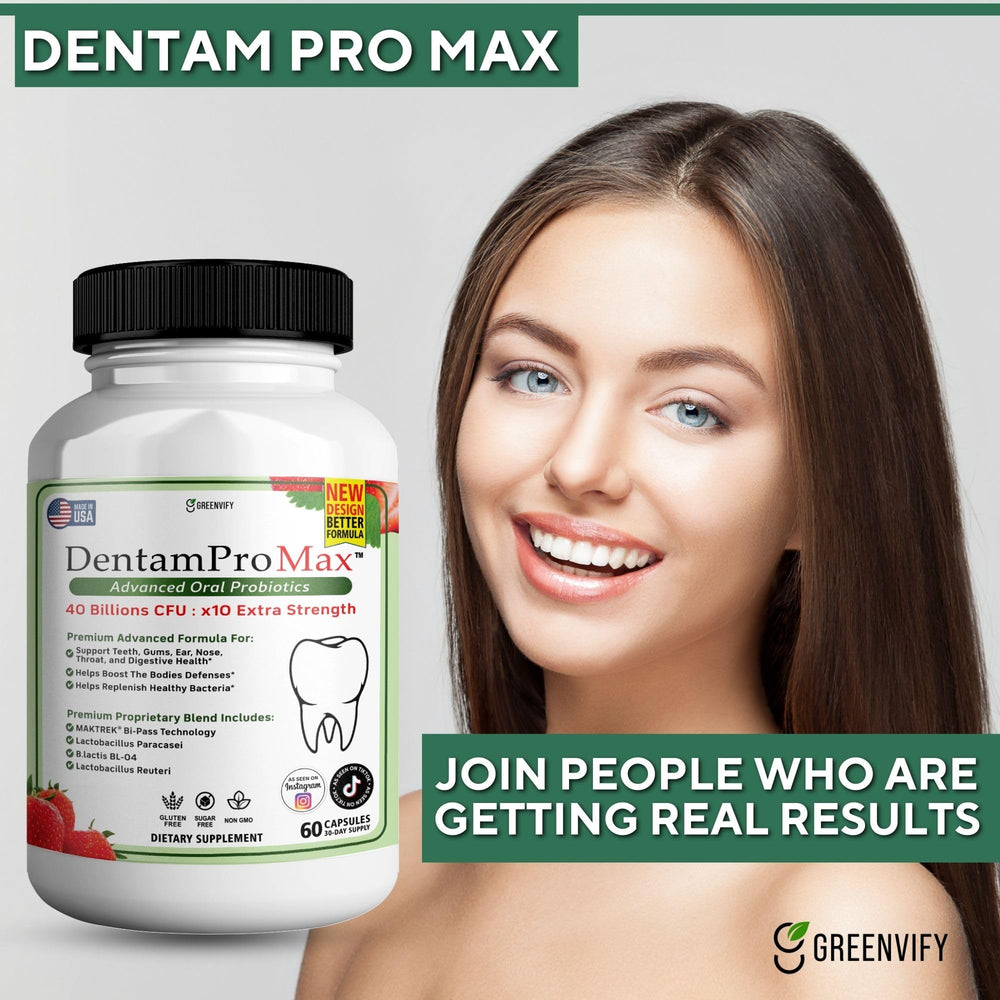 GREENVIFY DentamPro Max probiotic capsules illustrate oral health support