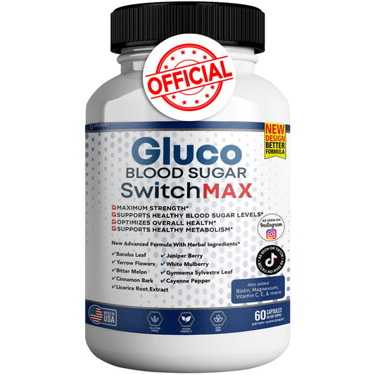 GREENVIFY Gluco Blood Sugar Switch Max bottle on a neutral backdrop, supporting daily wellness.