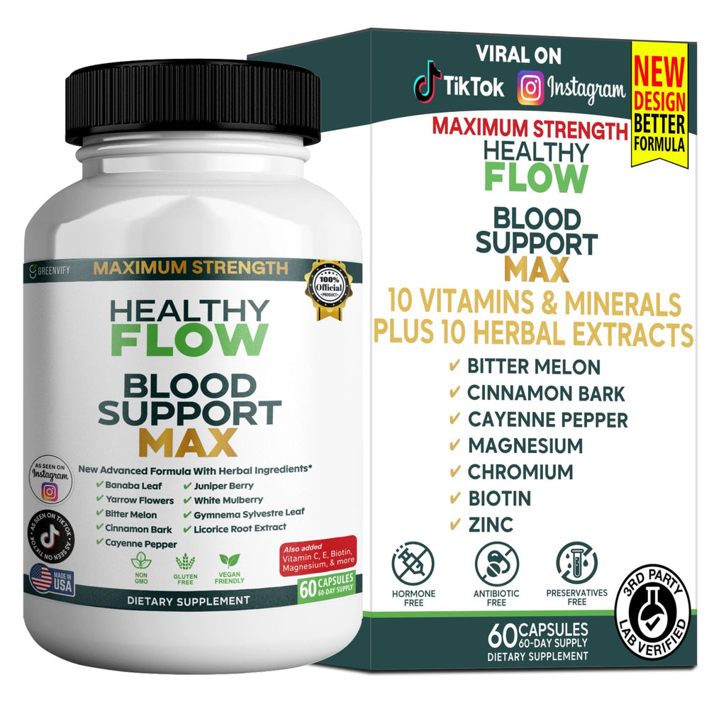 GREENVIFY Healthy Flow Max bottle highlighting the herbal blend for daily circulation support