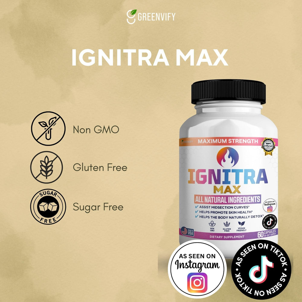 Close-up of GreenVIFY Ignitrix Max capsules highlighting vegan and non-GMO benefits.