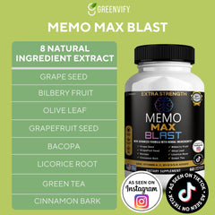 GREENVIFY Memo Max Blast bottle label featuring DHA and herbal ingredients.