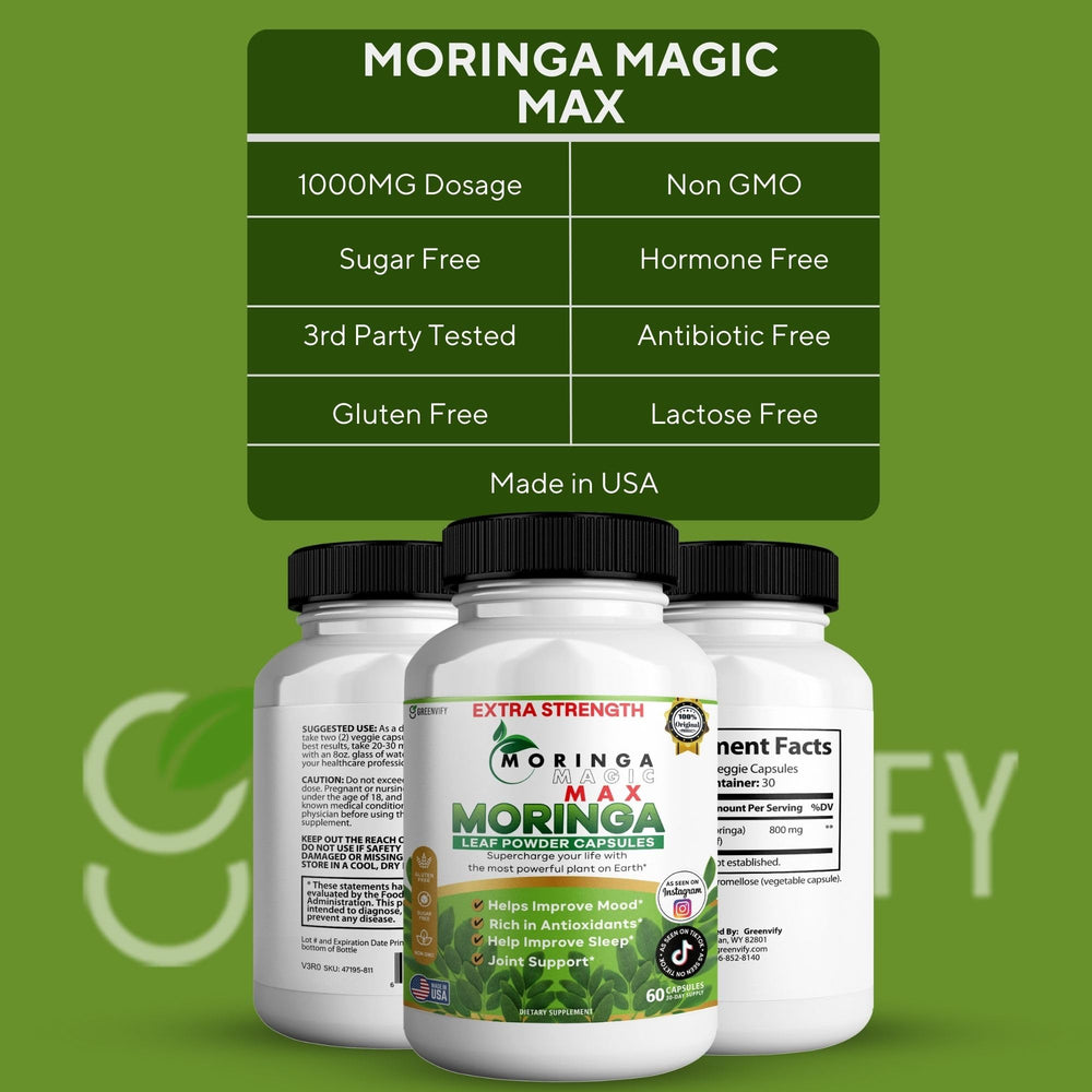 GREENVIFY Moringa Magic Max Made in USA badge close up signaling quality.