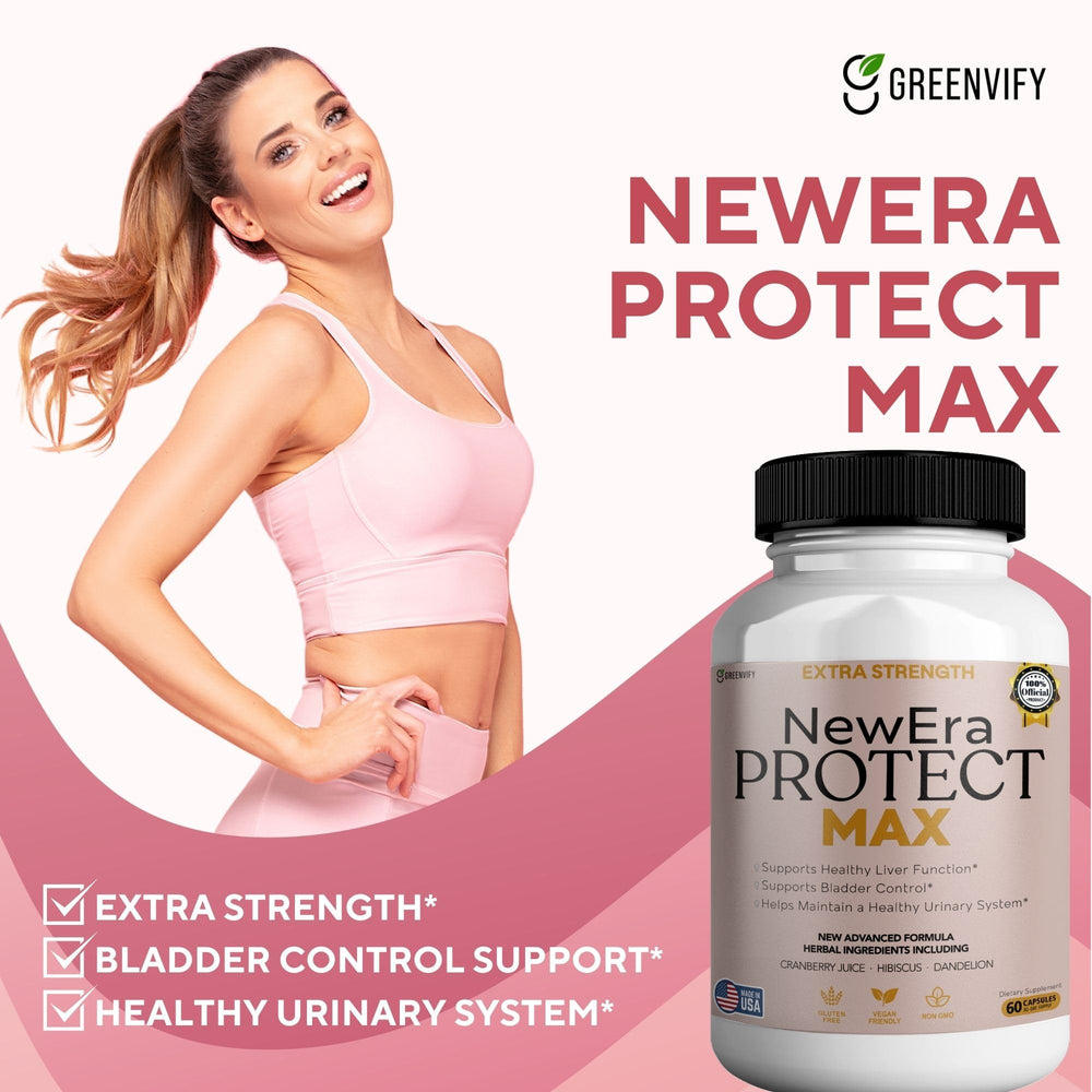 GREENVIFY New Era Protect Max ingredients panel with cranberry, hibiscus, and dandelion.