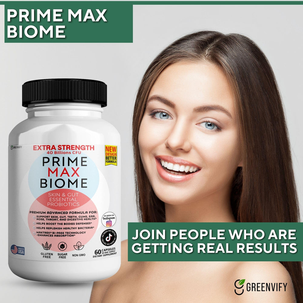 Usage scene with Prime Max Biome bottle on a clean, organized counter.