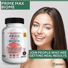 Usage scene with Prime Max Biome bottle on a clean, organized counter.