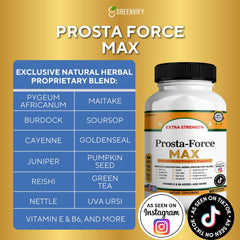 GreenVify Prosta-Force Max ingredients pack featuring Saw Palmetto, Pygeum, and Plant Sterols.