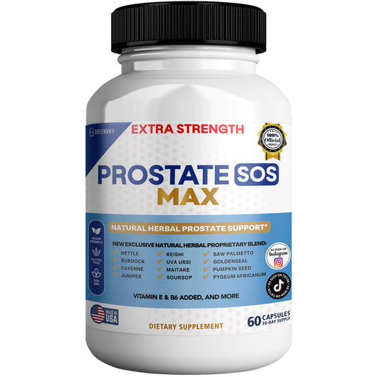 Greenvify Prostate SOS Max bottle showcasing the herbal blend for daily wellness.