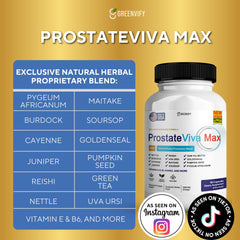 GREENVIFY ProstateViva Max label ingredients highlight saw palmetto and pumpkin seed benefits.