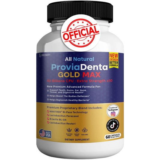 Greenvify ProviaDenta Gold Max bottle for daily probiotic support benefiting gums and teeth