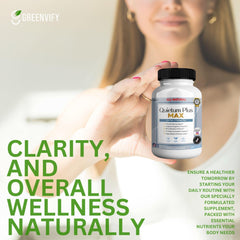 GREENVIFY Quietum Plus Max label close-up underlines quality manufacturing standards.