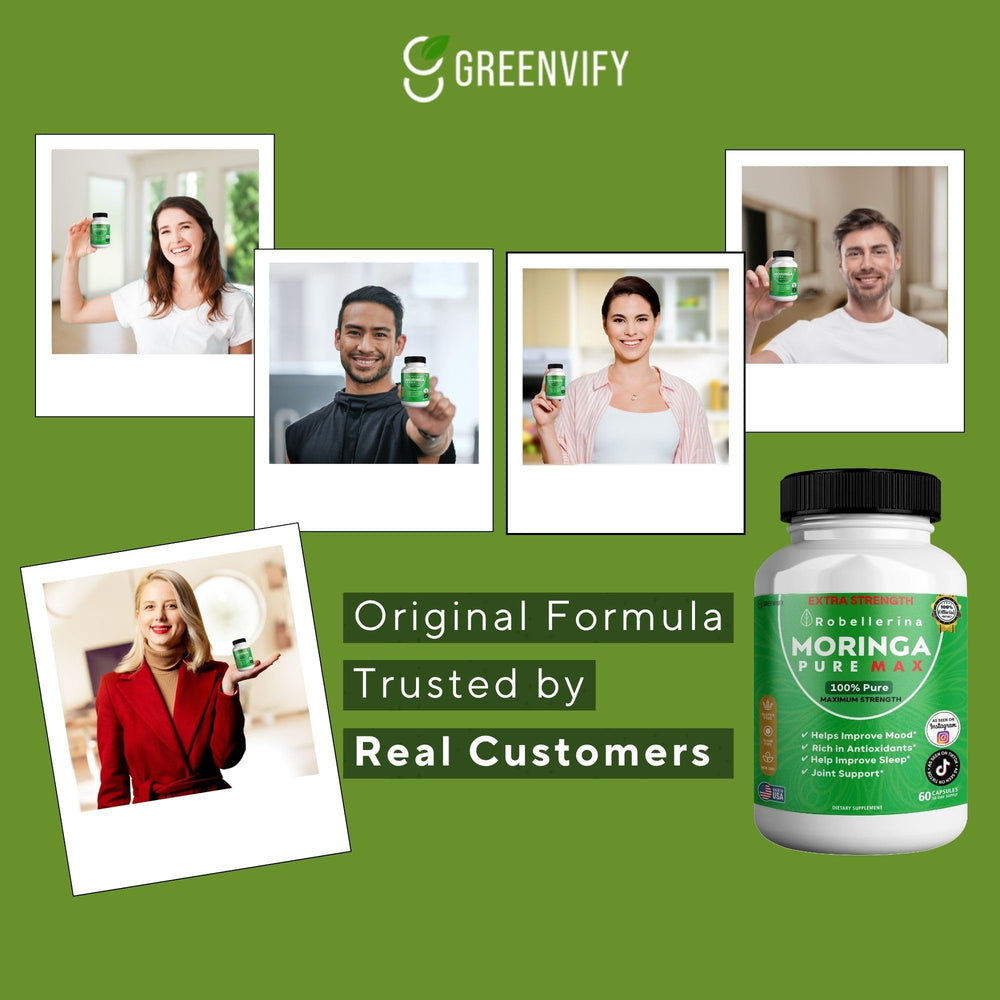 GreenVify Robellerina Moringa Pure Max vegan capsules in a bottle.
