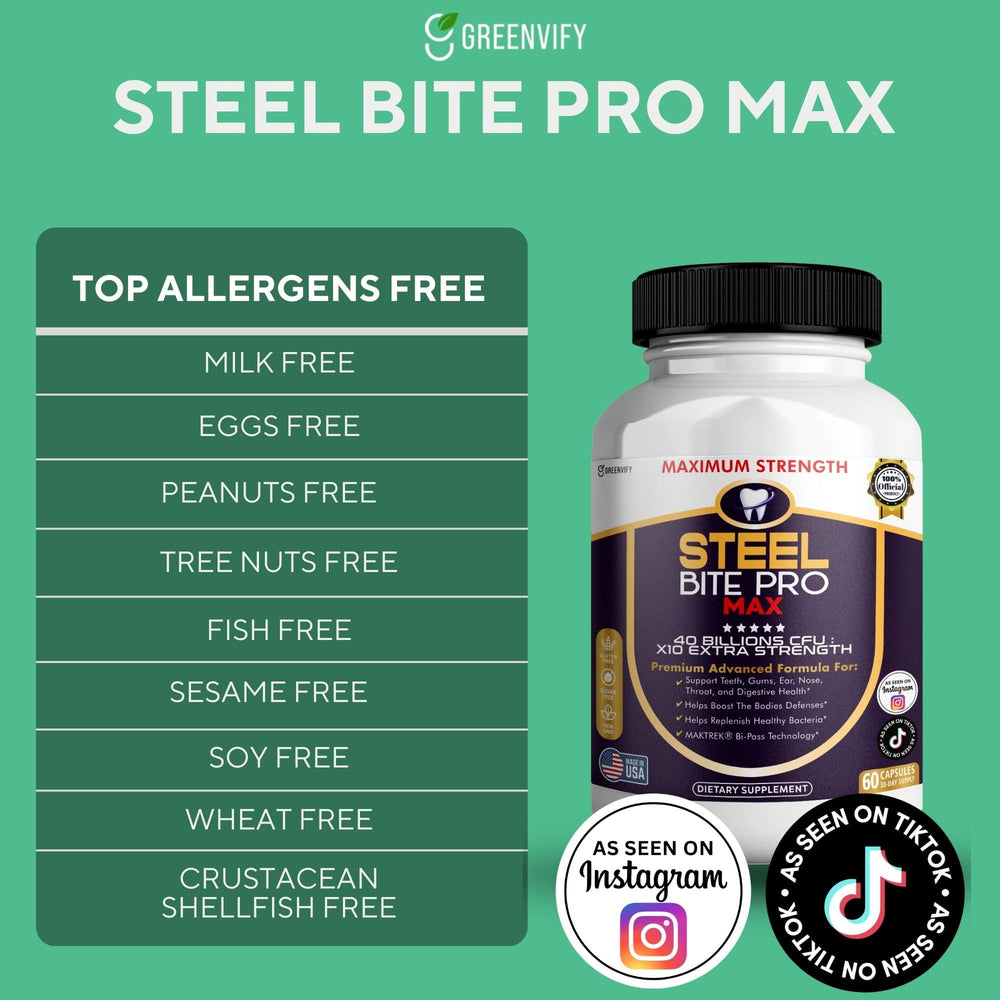 GREENVIFY Steel Bite Pro Max capsules closeup showing 40B CFU potency