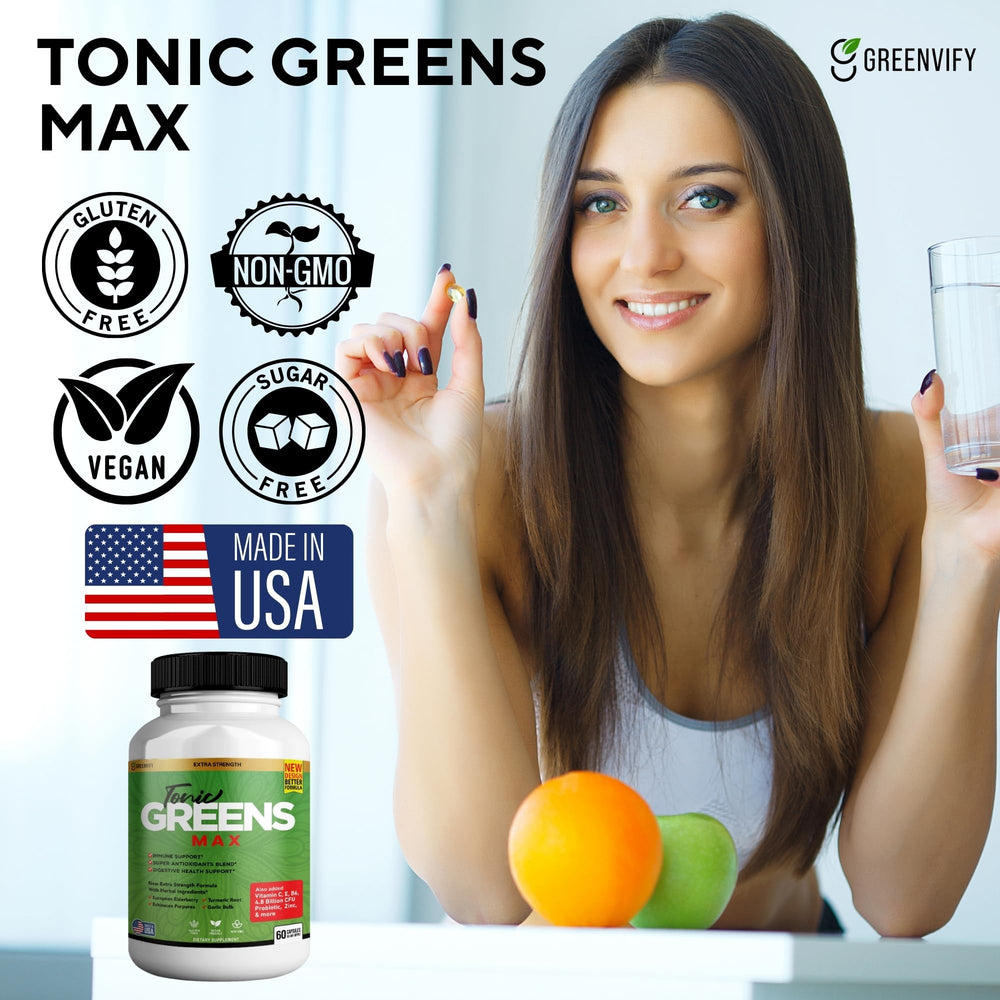 GREENVIFY Tonic Greens Max vitamins C, E, B6 enhanced formula in capsules