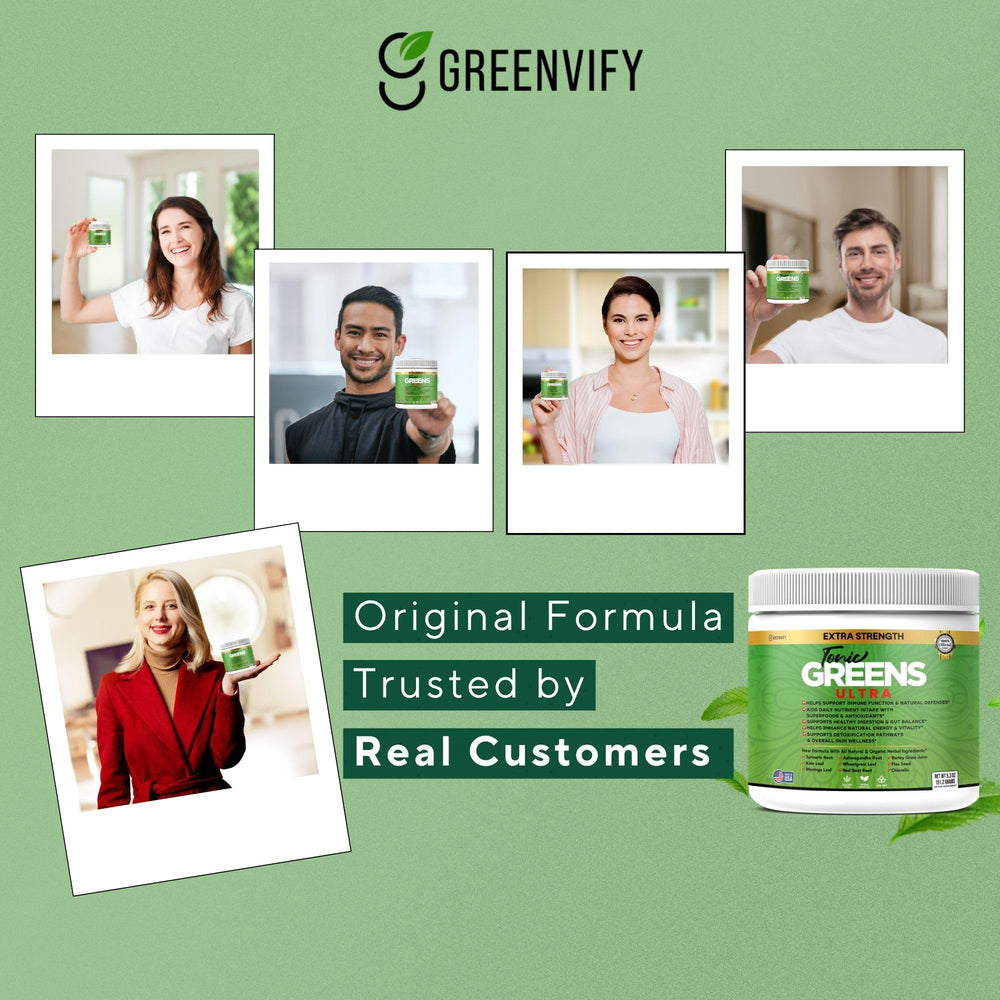 GREENVIFY Tonic Greens Ultra powder swirl in glass suggests antioxidant vitality.