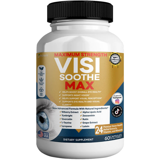 GREENVIFY Vision Soothe Max bottle displaying 24 herbal extracts for daily eye support.