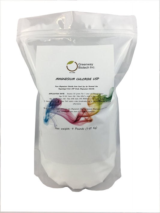 Greenway Biotech Magnesium Chloride powder bottle, convenient daily supplement when dissolved in water or juice.