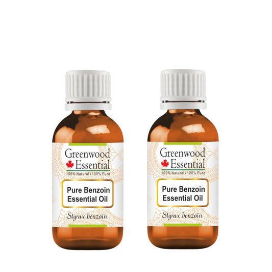 Greenwood Essential Benzoin oil two-pack bottle front view preserves potency for aromatherapy and skin care.