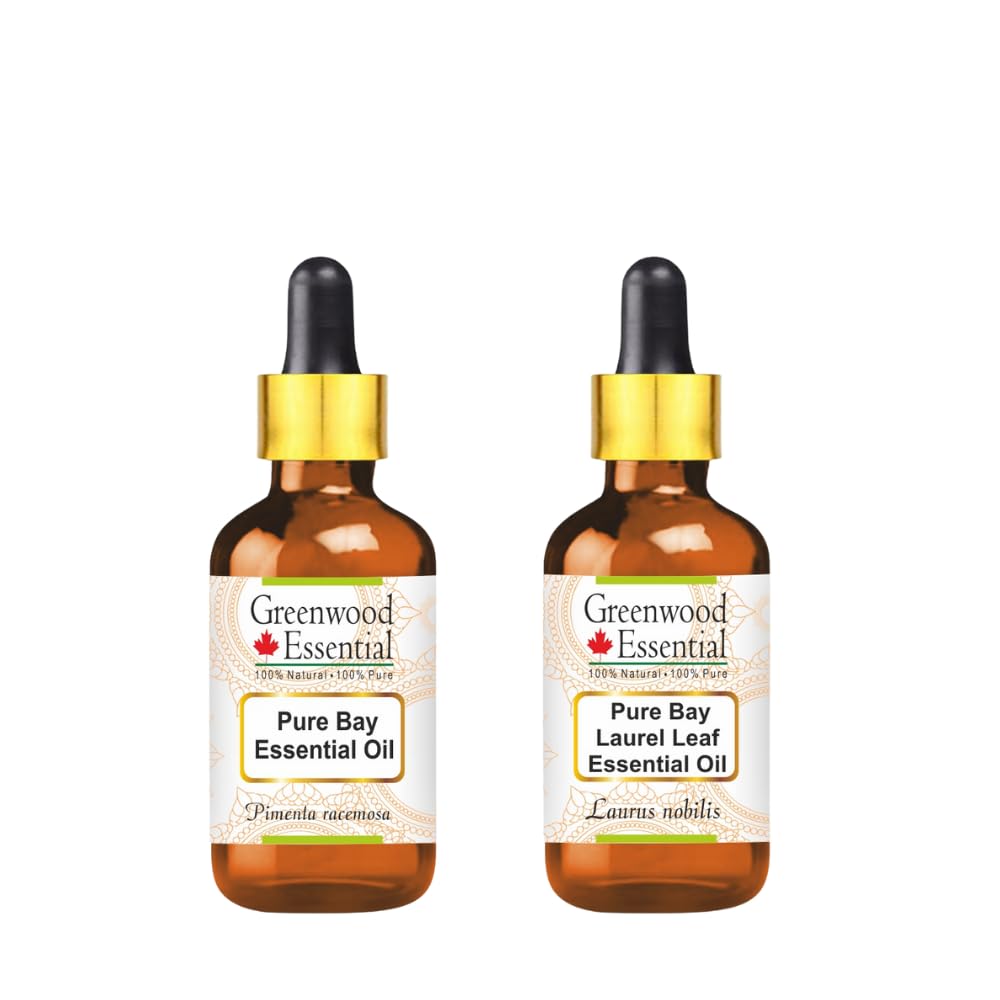 Greenwood Essential Pure Bay Oil: two bottles ready for aroma diffusion and skincare prep.