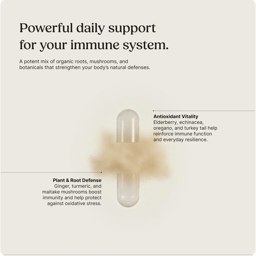 Greenworks Nature's Immune bottle pour showing on-the-go capsules for year-round defense.