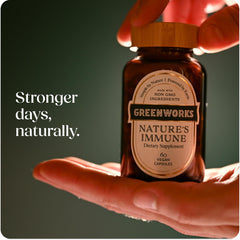 Greenworks Nature's Immune organic elderberry closeup emphasizing antioxidants and traditional use.