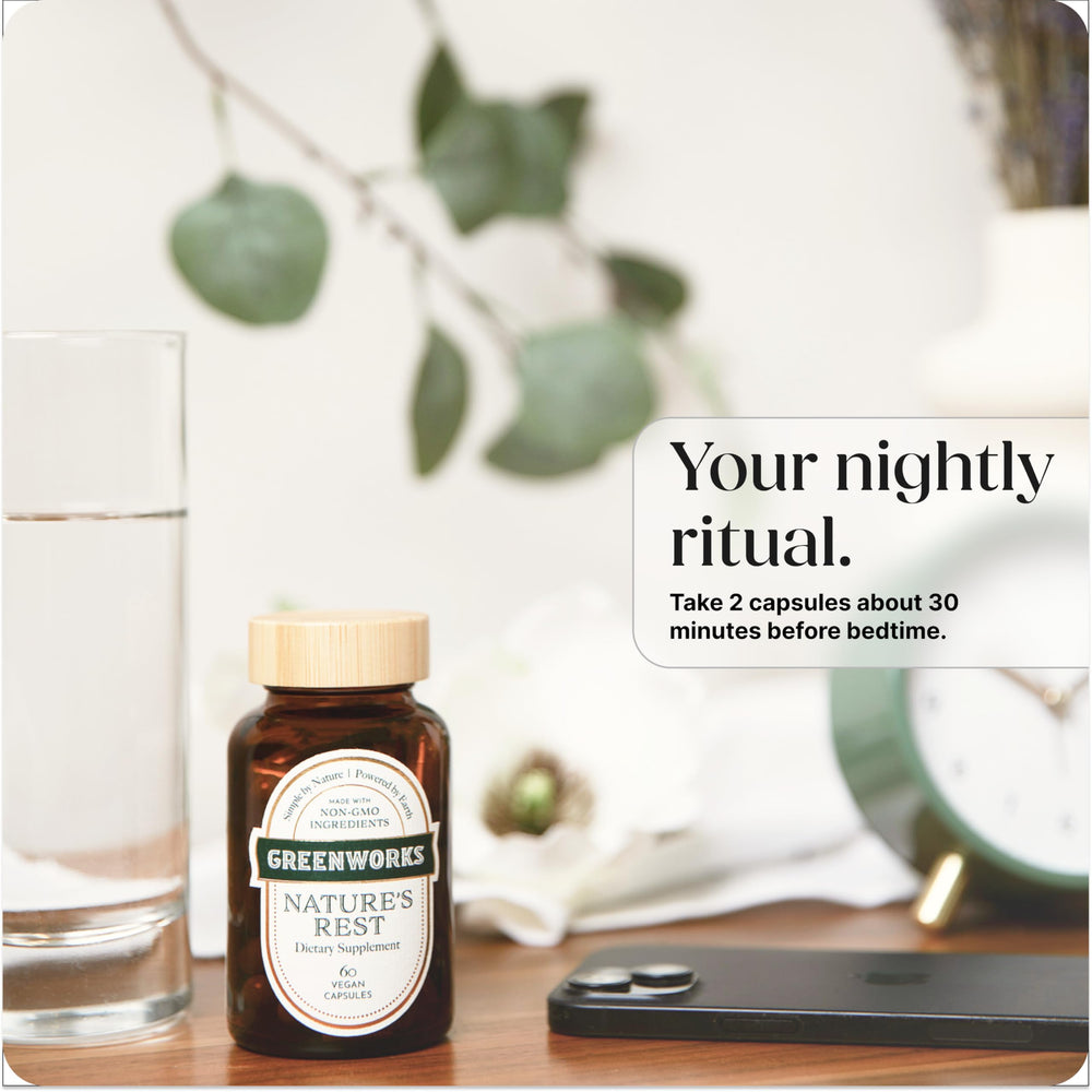 Greenworks Nature's Rest vegan capsules on counter imply clean label