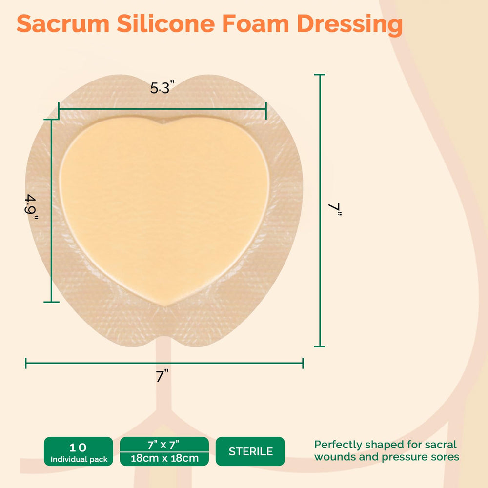 Greetmed Sacrum Foam Dressing Border 7x7 in use on a pressure ulcer, moist wound protection