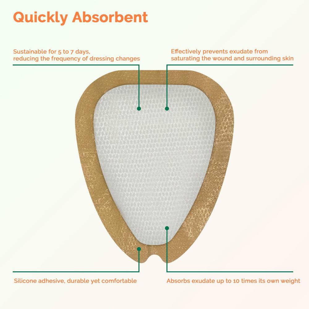 Greetmed sacrum dressing close-up highlights non-stick silicone wound contact layer