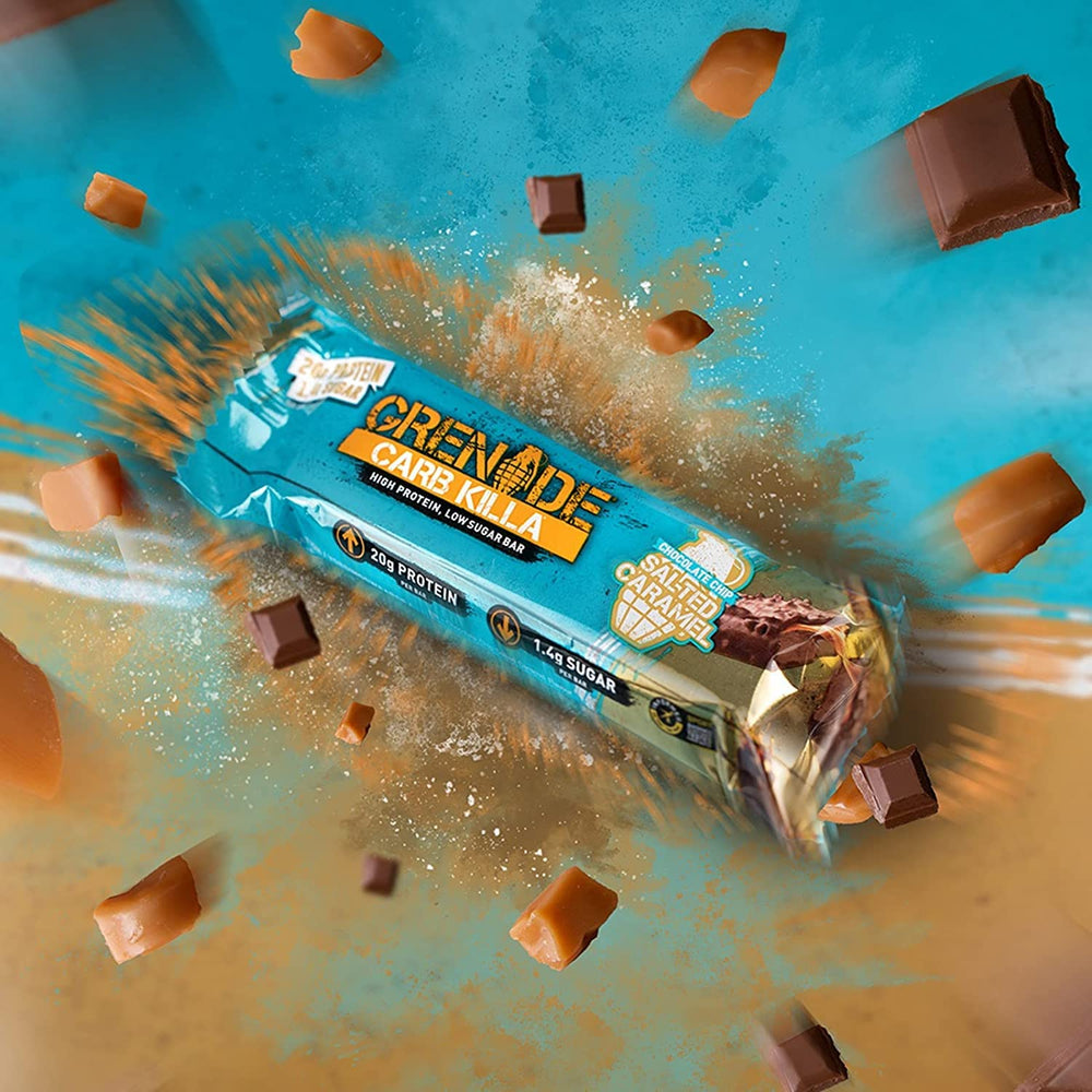 Grenade Carb Killa bar with visible ingredients, highlighting protein-packed snack.