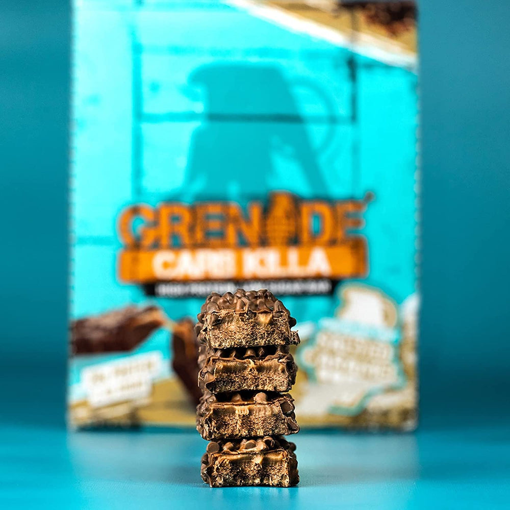 Grenade Carb Killa nutrition facts panel visible on the wrapper.