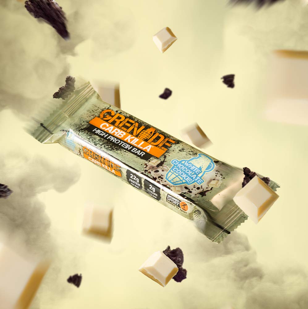 Cross-section of Grenade Carb Killa reveals creamy center with cookie bits.