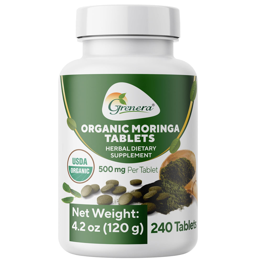 Grenera Moringa 240-count bottle for convenient daily wellness.