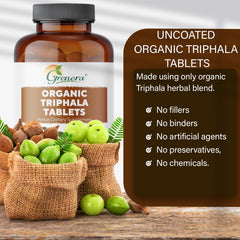 Organic ingredients Amla Haritaki Bibhitaki featured in Grenera Triphala tablets.